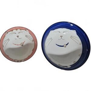 Japanese Porcelain Maneki Neko (lucky cat) Bowls Set of 2 Blue Pink Kitty Cats